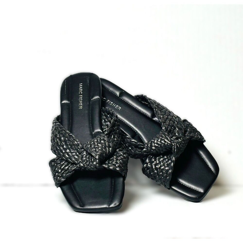 Marc Fisher Lasket Black Braided Twist Knot Slide Sandals Faux Leather Sz 8.5 - Picture 2 of 7